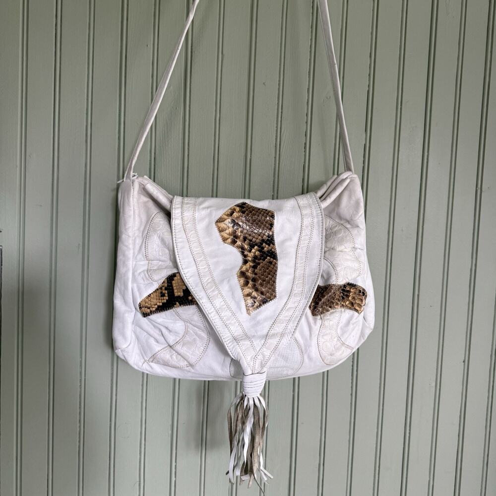 Vtg Patchwork Snake Python Leather Crossbody Handbag Purse White Brown Slouchy